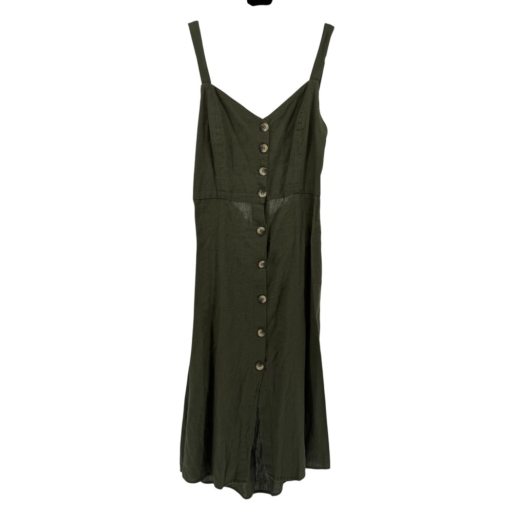 Japna Olive Green Cotton Button Down Midi SunDress Tie Back Cutout Womens Large